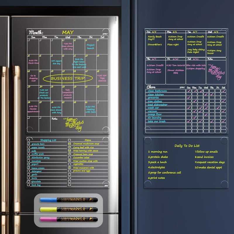 JJPRO Non-Magnetic Dry Erase Calendar - Monthly & Weekly Chart, List & Blank Board for Smooth Surfaces. Clear Reusable Calendar Sticks to Fridge, Cabinet, Door & Glass - Image 1